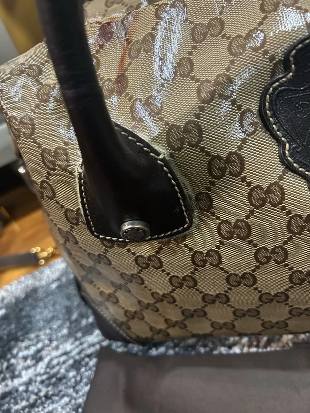 Gucci Boston Brown Tan GG Coated Canvas Shoulder Bag with Dark Brown Trim! - Picture 8 of 16